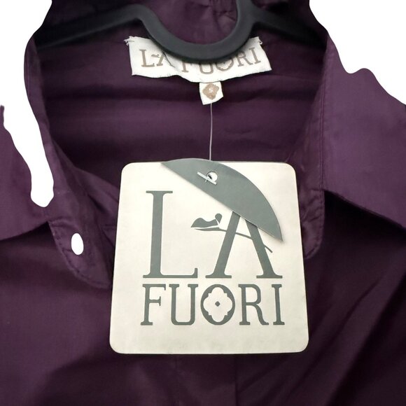 La Fuori Eggplant Silk Ruffle Puff Sleeve Waist Tie Button Blouse Small NEW - Picture 3 of 7